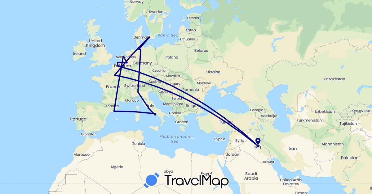 TravelMap itinerary: driving in Belgium, Germany, Denmark, Spain, France, Iraq, Italy, Netherlands, Turkey (Asia, Europe)